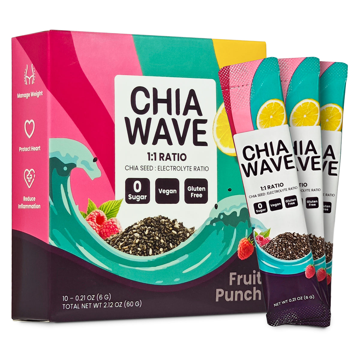 ChiaWave - Yeses, Fruit Punch ( Electrolyte + Chia seed ) Drink Mix,  Powder 10 Sticks, 2.12 oz