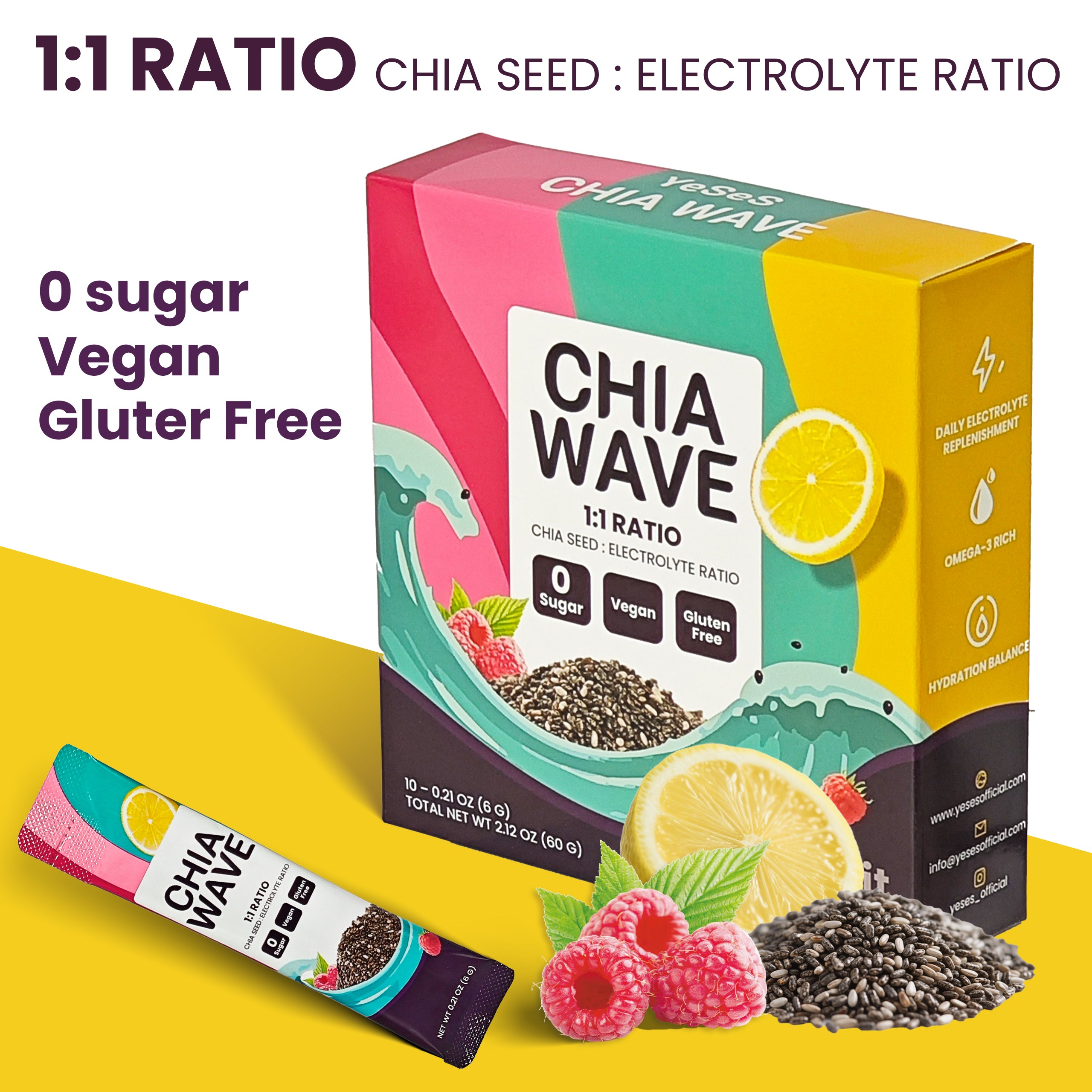 ChiaWave - Yeses, Fruit Punch ( Electrolyte + Chia seed ) Drink Mix,  Powder 10 Sticks, 2.12 oz