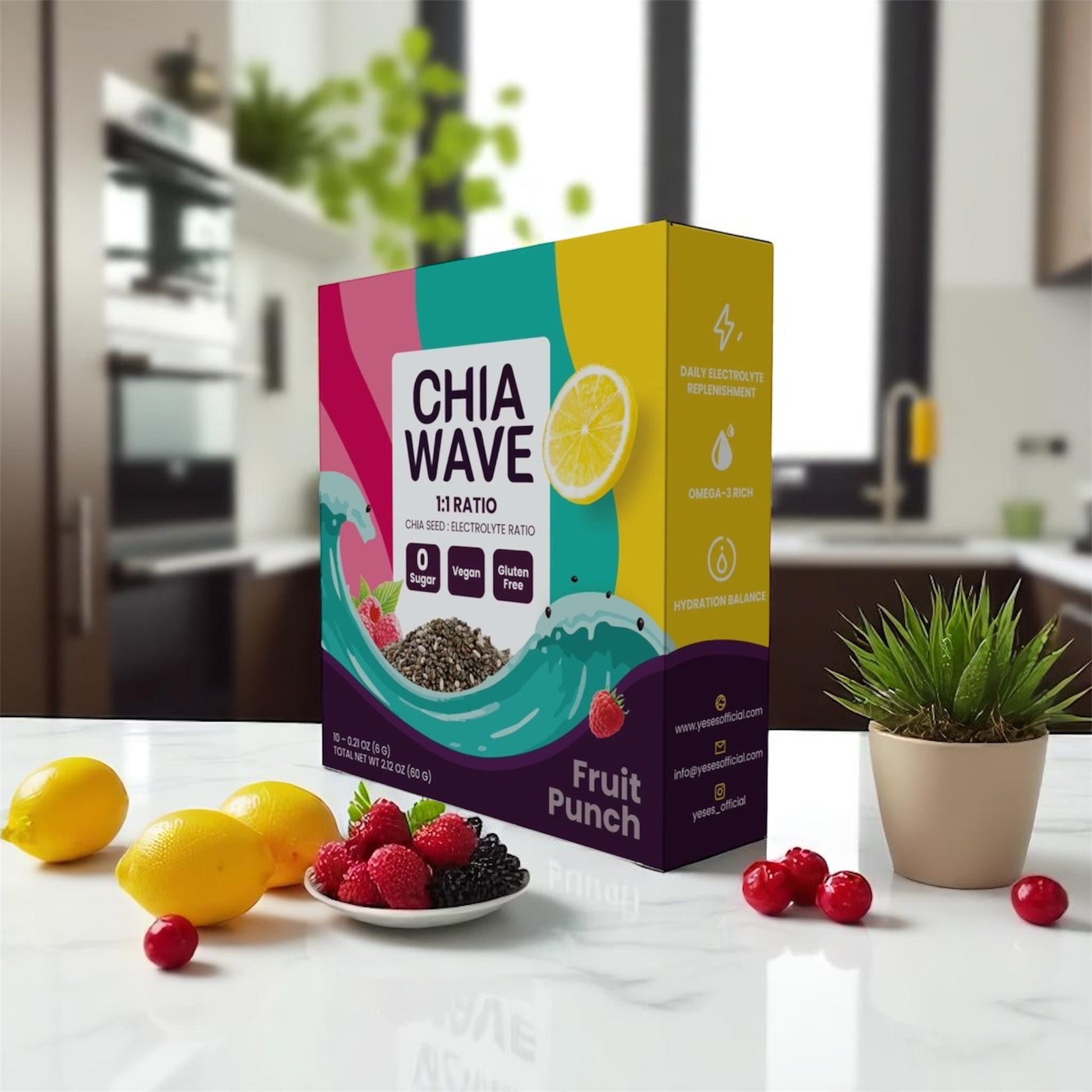 ChiaWave - Yeses, Fruit Punch ( Electrolyte + Chia seed ) Drink Mix,  Powder 10 Sticks, 2.12 oz