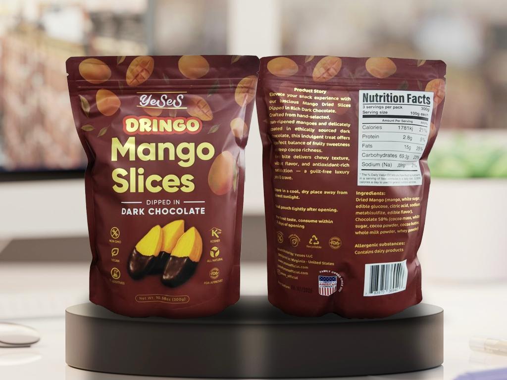 Dringo Mango Slices Dipped in Dark Chocolate Yeses  – Premium Dried Mango Snack, Non-GMO, Vegan, Kosher, All-Natural, No Additives, 10.58 oz (300g) Resealable Bag (1 Pack)