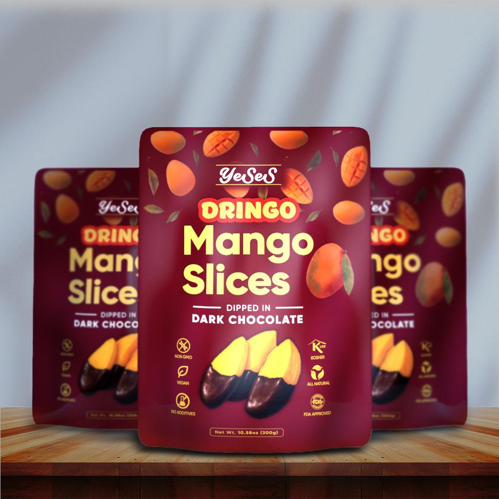 Dringo Mango Slices Dipped in Dark Chocolate Yeses  – Premium Dried Mango Snack, Non-GMO, Vegan, Kosher, All-Natural, No Additives, 10.58 oz (300g) Resealable Bag (1 Pack)